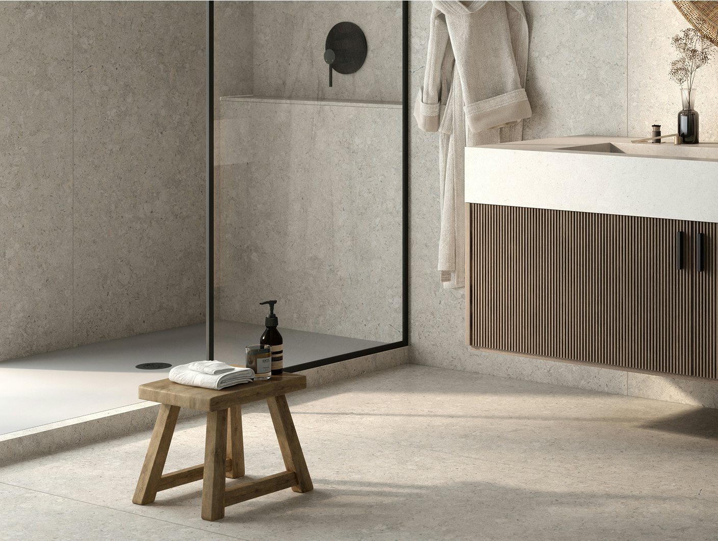 Salle de bain avec douche en pierre
